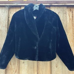 Vintage from the 90s! Monterey Fashions cropped, black faux fur jacket, size 10